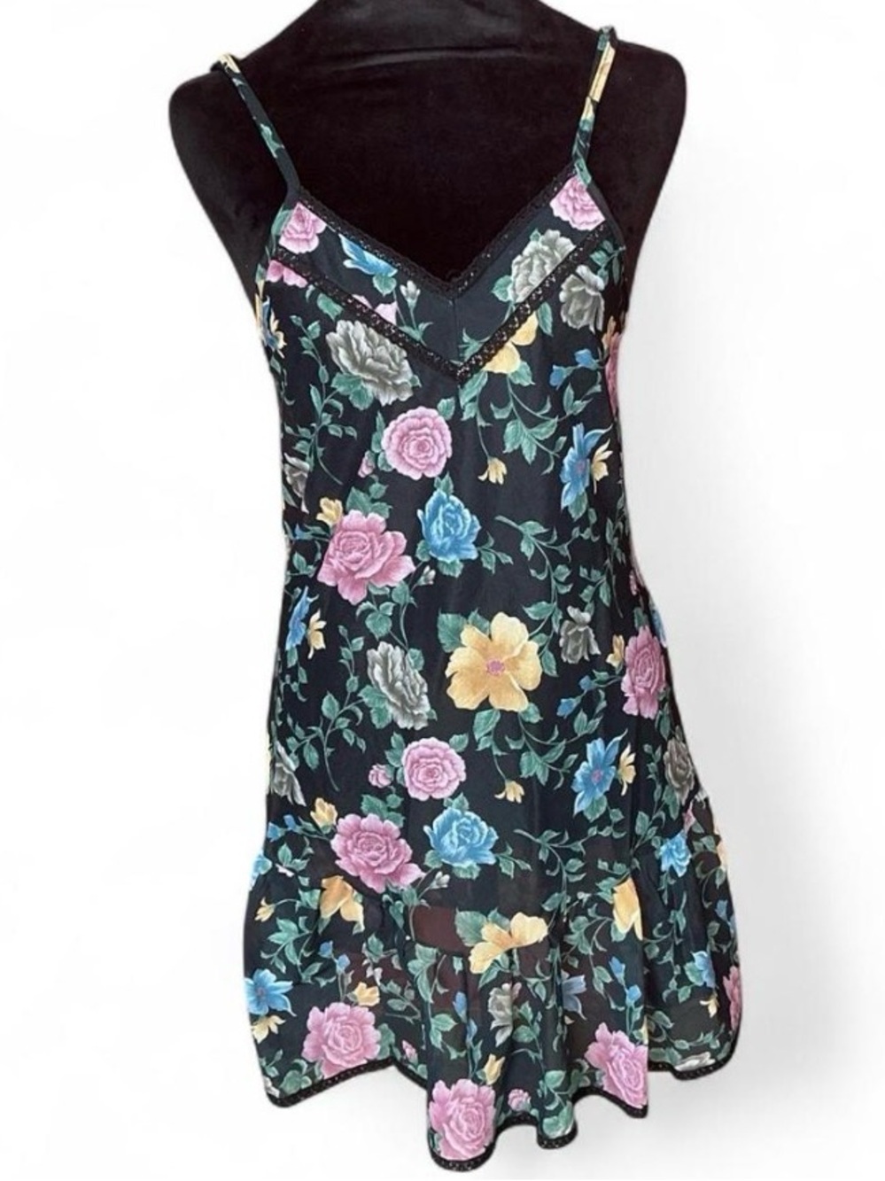 Vintage Cottagecore Coquette Sheer Black, Pink, Blue, and Yellow Floral Slip